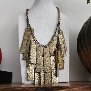 Gold Toned Double Layered Metal tag Charm Drop Statement Necklace